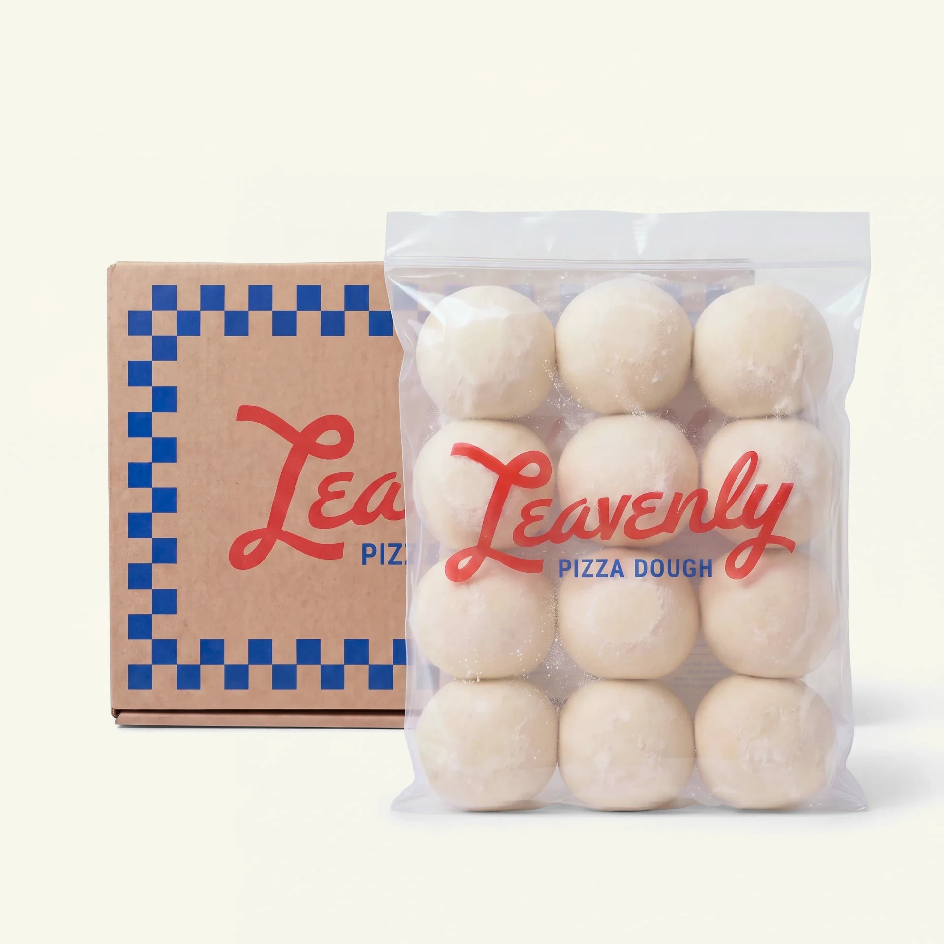 12-pack of Leavenly Pizza Dough balls in a bag in front of the shipping box